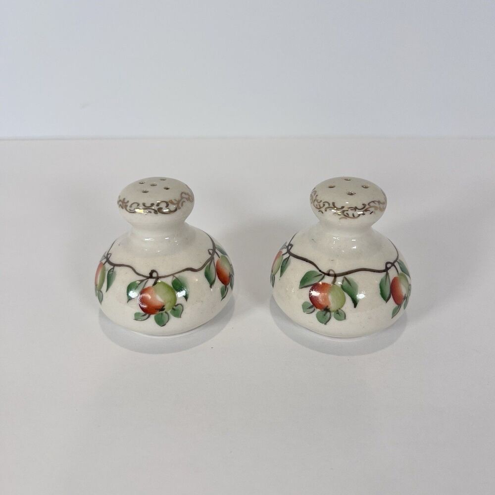 Antique Salt And Pepper Shakers Hand Painted Apples And Gold Motif